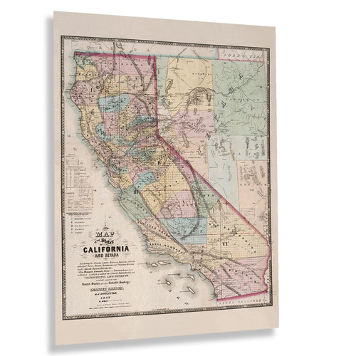 Digitally Restored and Enhanced 1867 California and Nevada Map Print - Vintage Map of the States of California & Nevada Poster Wall Art
