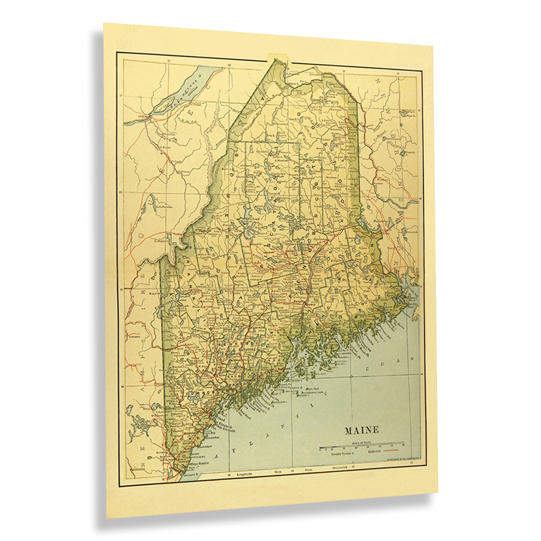 Digitally Restored and Enhanced 1897 Maine Map Poster - Vintage Map of Maine Poster - State of Maine Map History - Historic Map of Maine Wall Art Print