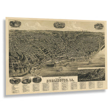 Cargar imagen en el visor de la galería, Digitally Restored and Enhanced 1889 Burlington Iowa Map Poster - Vintage Map of Burlington City Wall Art - Bird&#39;s Eye View Print Map of Burlington Iowa
