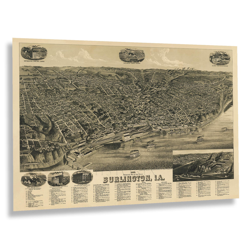 Digitally Restored and Enhanced 1889 Burlington Iowa Map Poster - Vintage Map of Burlington City Wall Art - Bird's Eye View Print Map of Burlington Iowa