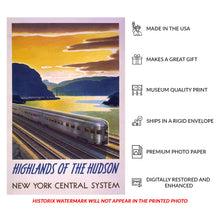 Load image into Gallery viewer, Digitally Restored and Enhanced 1940 Hudson Highlands New York Central Railroad Poster - Vintage Train Travel Tourism - American Railway Scenic Art - Archival Reproduction

