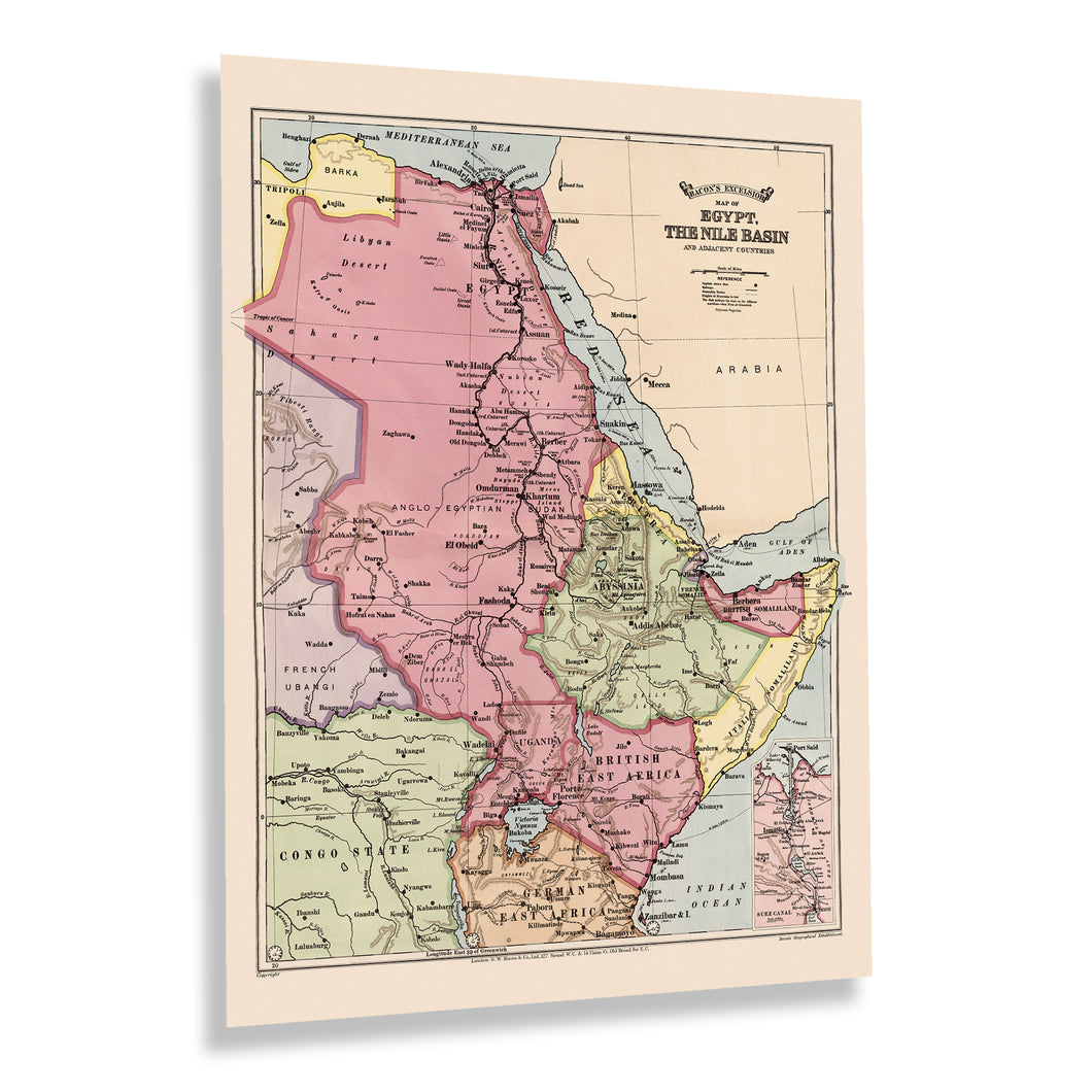 Digitally Restored and Enhanced 1916 Egypt Map Poster Print - Vintage Excelsior Map of Egypt The Nile Basin & Adjoining Countries Wall Art Print