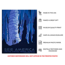 Load image into Gallery viewer, Digitally Restored and Enhanced 1936 See America Cave Travel Poster - WPA Federal Art Project - Depression Era Tourism Adventure - Gallery-Quality Print
