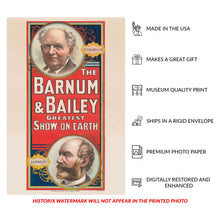 Load image into Gallery viewer, Digitally Restored and Enhanced 1890 Barnum &amp; Bailey Circus Poster - P.T. Barnum and James Bailey Portrait - Gilded Age Showmen - Archival Print
