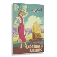 Load image into Gallery viewer, Digitally Restored and Enhanced 1950 Hong Kong Northwest Airlines Travel Poster - Asian Harbor Skyline - Mid-Century Transpacific Aviation - Archival Print
