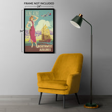 Load image into Gallery viewer, Digitally Restored and Enhanced 1950 Hong Kong Northwest Airlines Travel Poster - Asian Harbor Skyline - Mid-Century Transpacific Aviation - Archival Print
