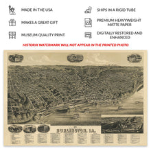 Cargar imagen en el visor de la galería, Digitally Restored and Enhanced 1889 Burlington Iowa Map Poster - Vintage Map of Burlington City Wall Art - Bird&#39;s Eye View Print Map of Burlington Iowa
