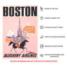 Load image into Gallery viewer, Digitally Restored and Enhanced 1950 Boston Allegheny Airlines Travel Poster - Paul Revere Revolutionary War Heritage - Mid-Century Aviation - Archival Print

