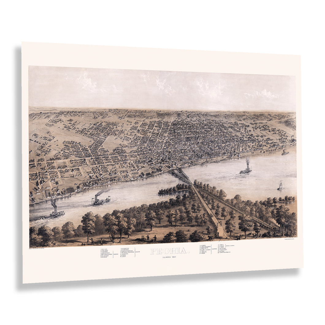 Digitally Restored and Enhanced 1867 Peoria Illinois Map Poster - Old Bird's Eye View Map of Peoria Illinois Poster - Vintage Peoria IL Wall Art Print