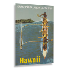 Cargar imagen en el visor de la galería, Digitally Restored and Enhanced 1960 Hawaii United Air Lines Travel Poster - Diamond Head Waikiki Outrigger Canoe - Mid-Century Aviation - Archival Print
