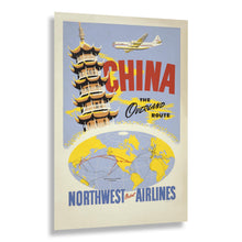 Cargar imagen en el visor de la galería, Digitally Restored and Enhanced 1950 China Northwest Orient Airlines Travel Poster - Overland Route Pagoda Map - Mid-Century Transpacific - Archival Print
