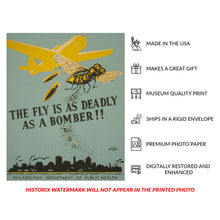 Load image into Gallery viewer, Digitally Restored and Enhanced 1941 The Fly is Deadly as a Bomber WWII Military Poster - World War II Public Health Propaganda - Archival Reproduction
