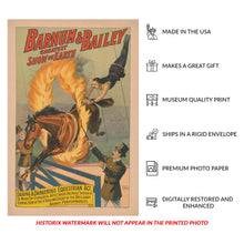 Load image into Gallery viewer, Digitally Restored and Enhanced 1898 Barnum &amp; Bailey Circus Poster - Horse Jumping Through Flaming Hoop - Daring Equestrian Act - Archival Print
