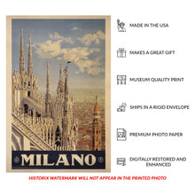 Load image into Gallery viewer, Digitally Restored and Enhanced 1920 Milano Milan Italy Gothic Cathedral Travel Poster - European Tourism Art - Archival Reproduction
