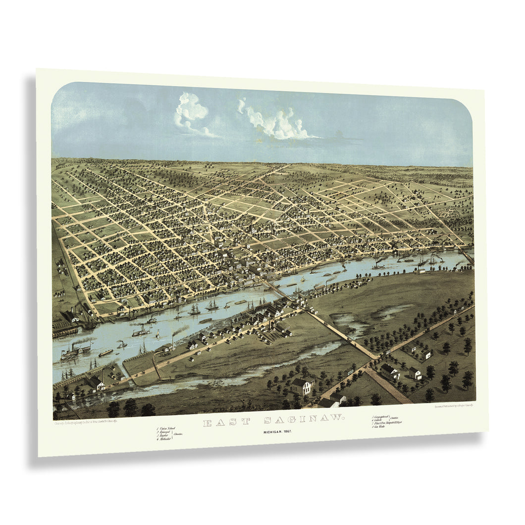 Digitally Restored and Enhanced 1867 East Saginaw Michigan Map Poster - Bird's Eye view of East Saginaw Michigan - Vintage Map of Michigan Wall Art Print