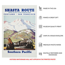 Load image into Gallery viewer, Digitally Restored and Enhanced 1950 Shasta Cascade California Railroad Travel Poster - Vintage Train Tourism - Pacific Northwest Scenic Railway - Archival Reproduction
