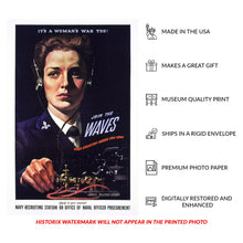 Load image into Gallery viewer, Digitally Restored and Enhanced 1942 Join the WAVES Navy WWII Women Recruiting Poster - World War II Military Propaganda - Archival Reproduction
