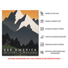 Load image into Gallery viewer, Digitally Restored and Enhanced 1936 Montana See America Travel Poster - WPA Federal Art Project - Depression Era Western Tourism - Museum-Quality Reproduction
