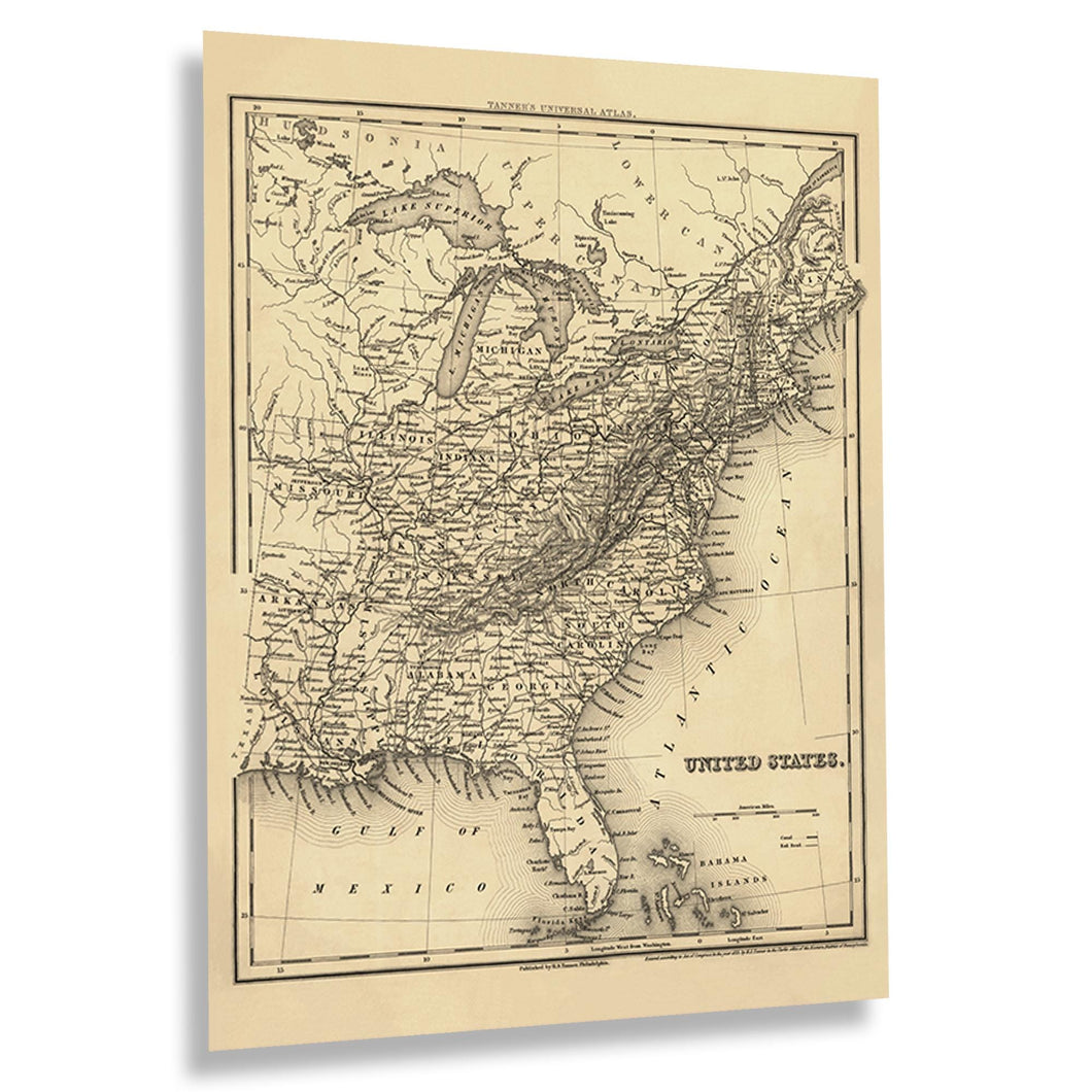 Digitally Restored and Enhanced 1835 Map of Eastern United States Poster - Vintage Eastern Half Map of the United States Wall Art - Old USA Map Poster Print