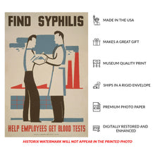 Load image into Gallery viewer, Digitally Restored and Enhanced 1936 Find Syphilis Blood Test WPA Federal Art Project Public Health Poster - Depression Era Art Deco - Archival Reproduction
