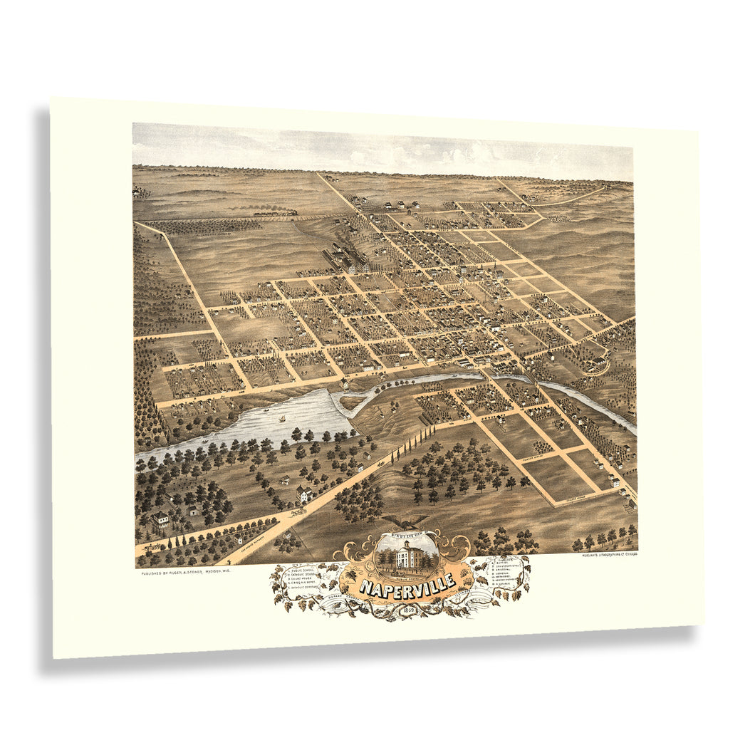 Digitally Restored and Enhanced 1869 Naperville Illinois Map Poster - Old Bird's Eye View of Naperville IL - Naperville Dupage County Illinois Wall Art