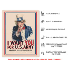 Cargar imagen en el visor de la galería, Digitally Restored and Enhanced 1917 Uncle Sam I Want You Poster Matte - Vintage Uncle Sam Wall Art Poster - I Want You For US Army Poster Matte Print
