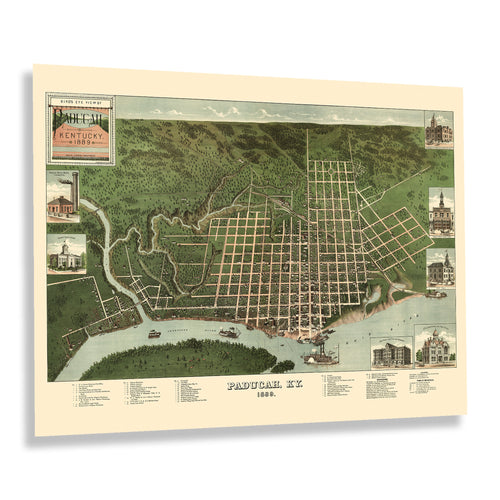 Digitally Restored and Enhanced 1889 Paducah Kentucky Map Poster - Bird's Eye View of Paducah KY Map - Vintage Map of Kentucky Poster Wall Art Print