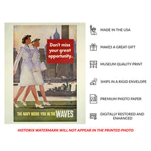 Load image into Gallery viewer, Digitally Restored and Enhanced 1944 Navy Needs You in the WAVES Women WWII Recruiting Poster - World War II Military Propaganda - Archival Reproduction
