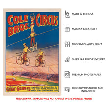 Cargar imagen en el visor de la galería, Digitally Restored and Enhanced 1941 Cole Bros Circus Poster - The Great Grimes High Wire Champions - Golden Age American Circus - Archival Print
