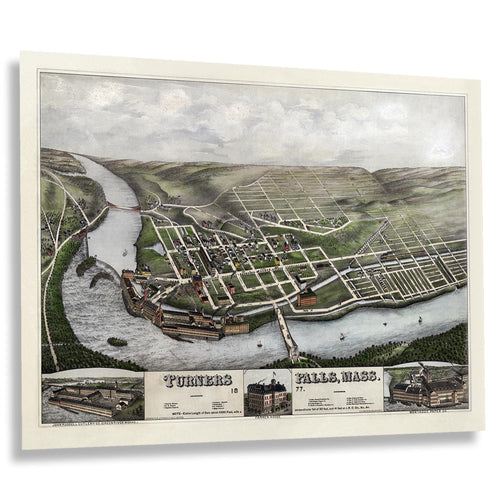 Digitally Restored and Enhanced 1877 Turners Falls Map Print - Vintage Bird's Eye View Map of Turners Falls Massachusetts Wall Art Poster