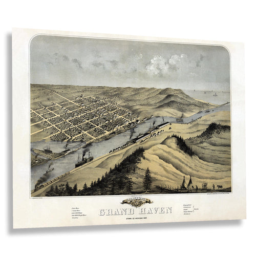 Digitally Restored and Enhanced 1868 Grand Haven Michigan Map Poster - Vintage Bird's Eye View Map of Grand Haven Ottawa County Michigan Wall Art Print