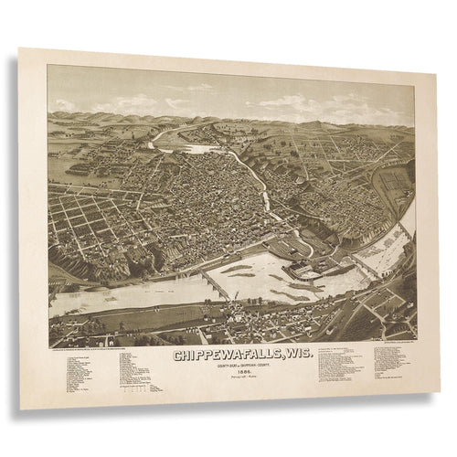 Digitally Restored and Enhanced 1886 Chippewa Falls Map Print - Vintage Bird's Eye View Map of Chippewa Falls Wisconsin Wall Art Poster