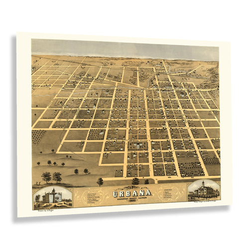 Digitally Restored and Enhanced 1869 Urbana Champaign Illinois Map Print - Vintage Bird's Eye View of Urbana City Champaign Illinois Map Poster Wall Art