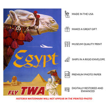 Load image into Gallery viewer, Digitally Restored and Enhanced 1960 Egypt Fly TWA Travel Poster - Pyramids Sphinx Camel - Mid-Century Jet Age Aviation Art - Archival Print
