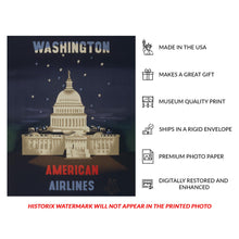 Cargar imagen en el visor de la galería, Digitally Restored and Enhanced 1950 Washington American Airlines Travel Poster - US Capitol Building - Mid-Century Domestic Aviation - Archival Print
