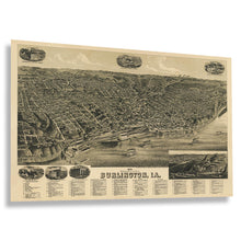 Cargar imagen en el visor de la galería, Digitally Restored and Enhanced 1889 Burlington Iowa Map Poster - Vintage Map of Burlington City Wall Art - Bird&#39;s Eye View Print Map of Burlington Iowa
