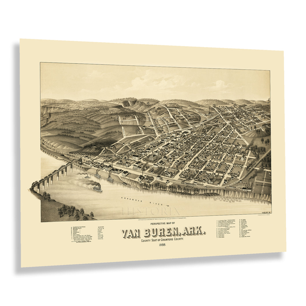 Digitally Restored and Enhanced 1888 Van Buren Arkansas Map Poster - Vintage Perspective Map of Van Buren City Crawford County Arkansas Wall Art Print