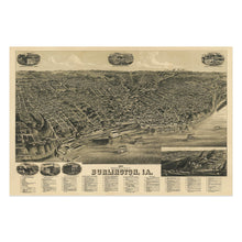 Load image into Gallery viewer, Digitally Restored and Enhanced 1889 Burlington Iowa Map Poster - Vintage Map of Burlington City Wall Art - Bird&#39;s Eye View Print Map of Burlington Iowa
