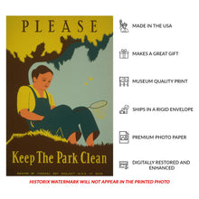 Load image into Gallery viewer, Digitally Restored and Enhanced 1938 Keep the Park Clean Ohio State Parks WPA Federal Art Project Poster - Depression Era Art Deco - Archival Reproduction
