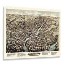 Load image into Gallery viewer, 1877 Pawtucket &amp; Central Falls Rhode Island Map Print - Vintage Bird&#39;s Eye View Map of Rhode Island Poster Wall Art
