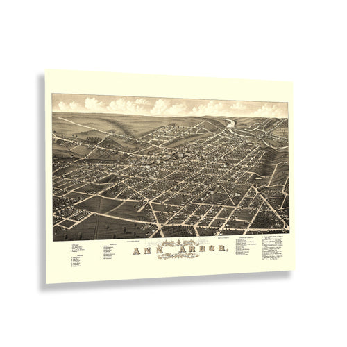 Digitally Restored and Enhanced 1880 Ann Arbor Michigan Map Poster - Old Panoramic View of Ann Arbor City Washtenaw County Michigan Wall Art Print