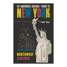 Load image into Gallery viewer, Digitally Restored and Enhanced 1950 New York Northwest Airlines Travel Poster - Statue of Liberty Skyline - Mid-Century Domestic Aviation - Archival Print
