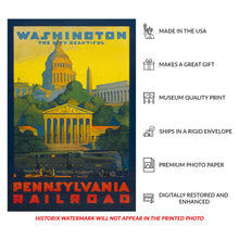 Load image into Gallery viewer, Digitally Restored and Enhanced  1940 Washington DC Pennsylvania Railroad Poster - Vintage Capitol Locomotive Art - American Railway Tourism History - Museum-Quality Print
