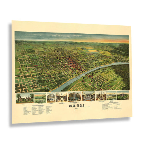 Digitally Restored and Enhanced 1892 Waco Texas Map Print - Vintage Bird's Eye View Map of Waco Texas State Poster - History Map of Texas Wall Art 