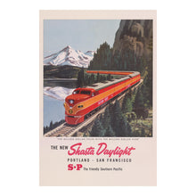 Load image into Gallery viewer, Digitally Restored and Enhanced 1950 Shasta Daylight Portland San Francisco Railroad Poster - Vintage Pacific Coast Train Tourism - Scenic Railway Art - Archival Reproduction
