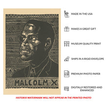 Cargar imagen en el visor de la galería, Digitally Restored and Enhanced 1976 Malcolm X Poster - Vintage San Francisco Civil Rights Art - Linoleum Cut African American History - Archival Reproduction
