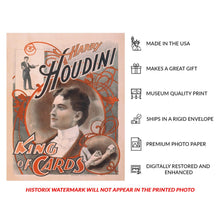 Load image into Gallery viewer, Digitally Restored and Enhanced 1895 Harry Houdini King of Cards Magic Poster - Victorian Era Magician - Entertainment History Art - Archival Reproduction
