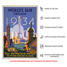 Load image into Gallery viewer, Digitally Restored and Enhanced 1934 Chicago Worlds Fair Foreign Villages Art Deco Poster - International Exposition History - Archival Reproduction
