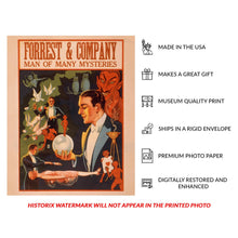 Load image into Gallery viewer, Digitally Restored and Enhanced 1900 Forrest and Company Magician Poster - Man of Many Mysteries - Vaudeville Golden Age Theater - Archival Print
