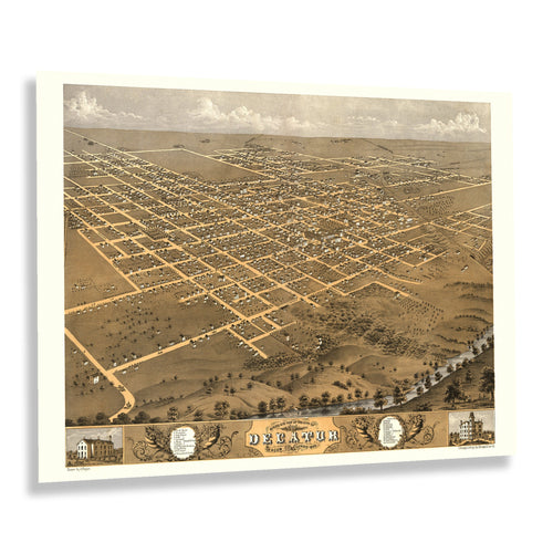 Digitally Restored and Enhanced 1869 Decatur Illinois Map Poster - Vintage Bird's Eye View Map of Decatur City Macon County Illinois Wall Art Print